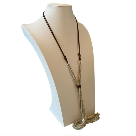 Multi-Strand Gray Faceted Lariat Style Necklace on Brown Cord. - Picture 3 of 5